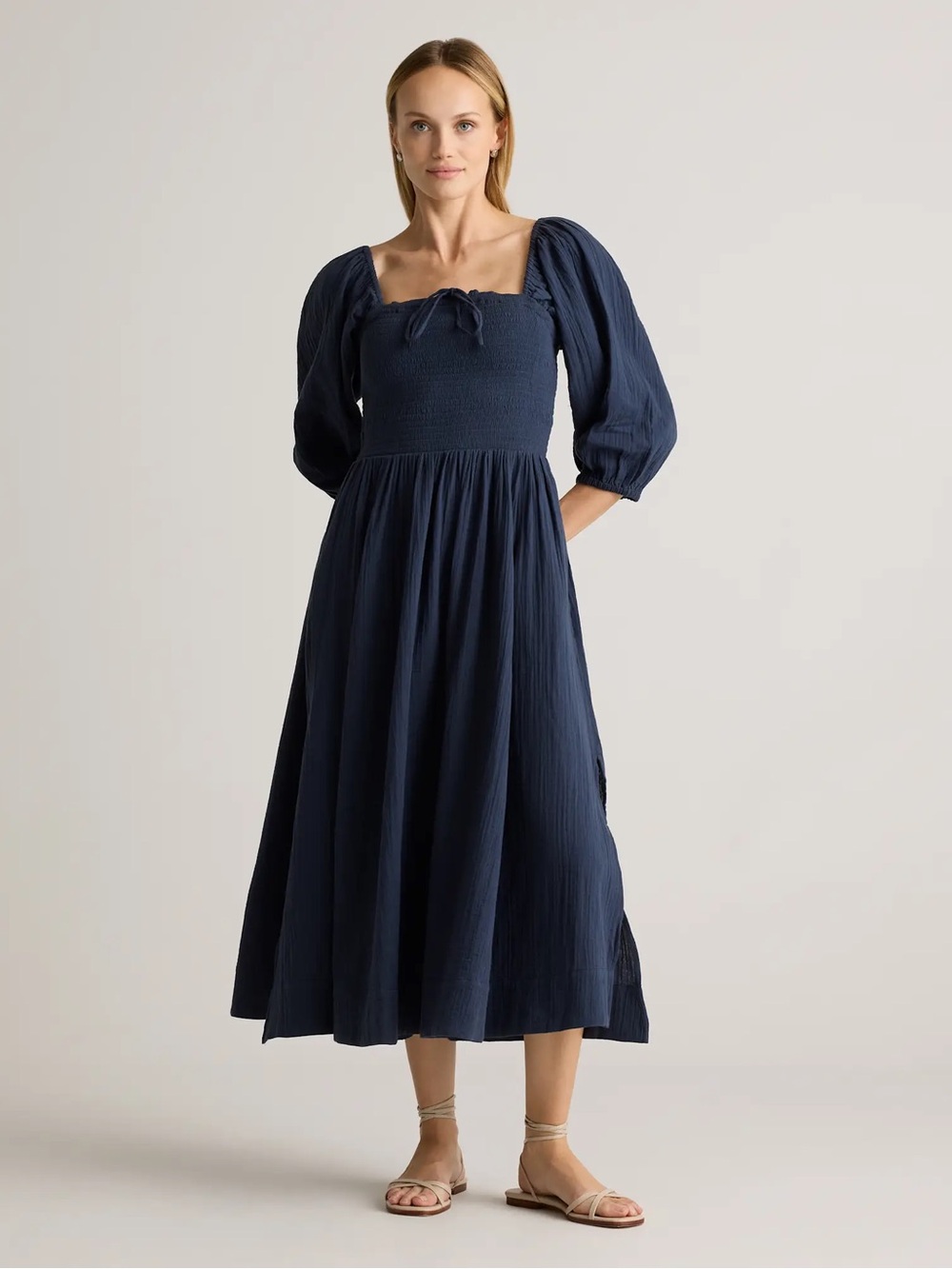 Quince NWT Navy Smocked Midi Dress with Puff Sleeves